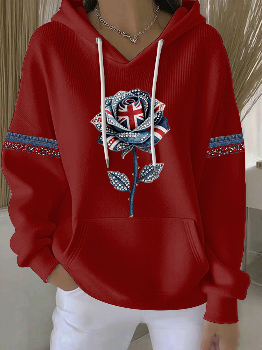 Women's British style imitation denim rhinestone hot-drill Print Casual Hoodie-2