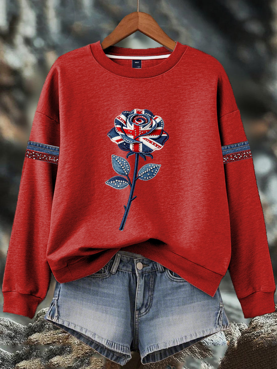 Women's British style imitation denim rhinestone hot-drill Print Sweatshirt-2