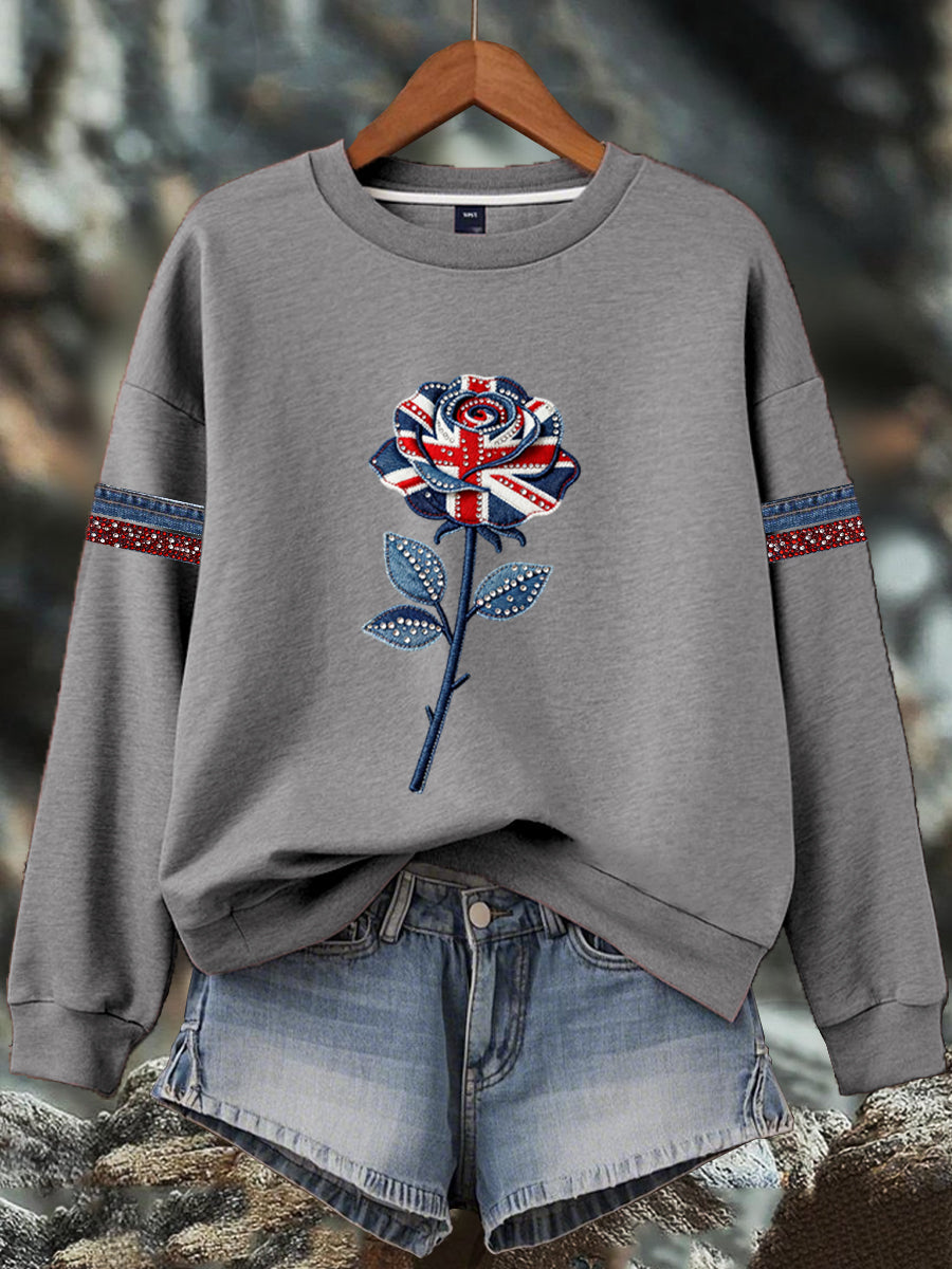 Women's British style imitation denim rhinestone hot-drill Print Sweatshirt-3