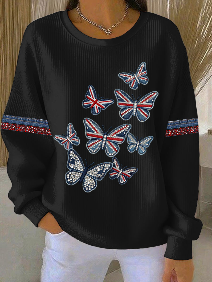 Women's British style imitation denim rhinestone hot-drill Print Casual Sweatshirt-1