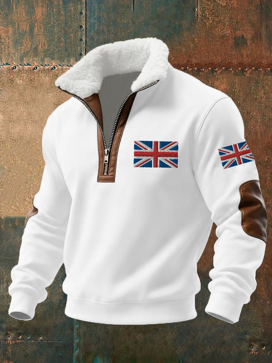 Men's UK Flag Print Fur Collar Zipper Sweatshirt-2