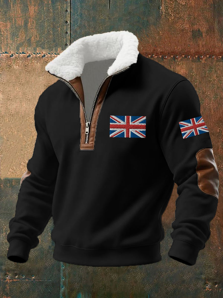Men's UK Flag Print Fur Collar Zipper Sweatshirt-1