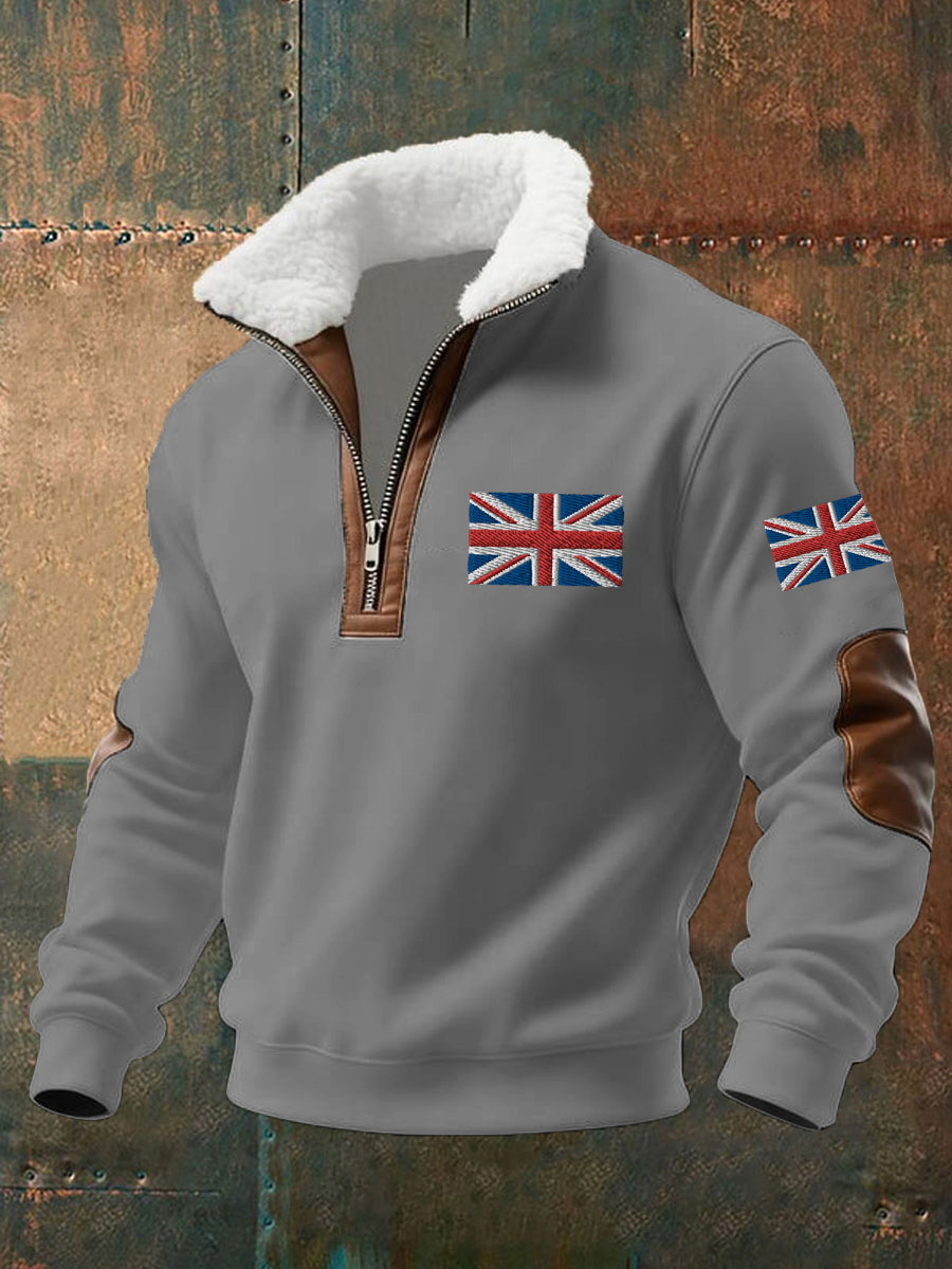Men's UK Flag Print Fur Collar Zipper Sweatshirt-3