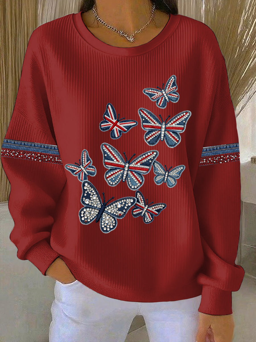 Women's British style imitation denim rhinestone hot-drill Print Casual Sweatshirt-2