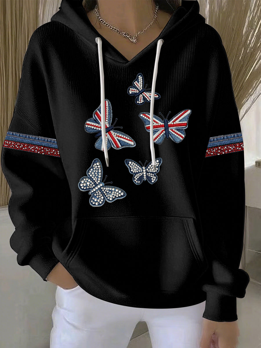 Women's British style imitation denim rhinestone hot-drill Print Casual Hoodie-1