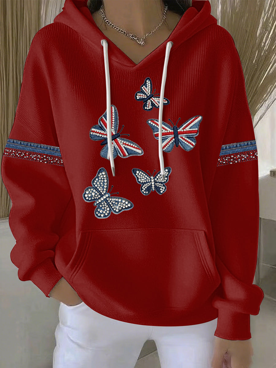 Women's British style imitation denim rhinestone hot-drill Print Casual Hoodie-2