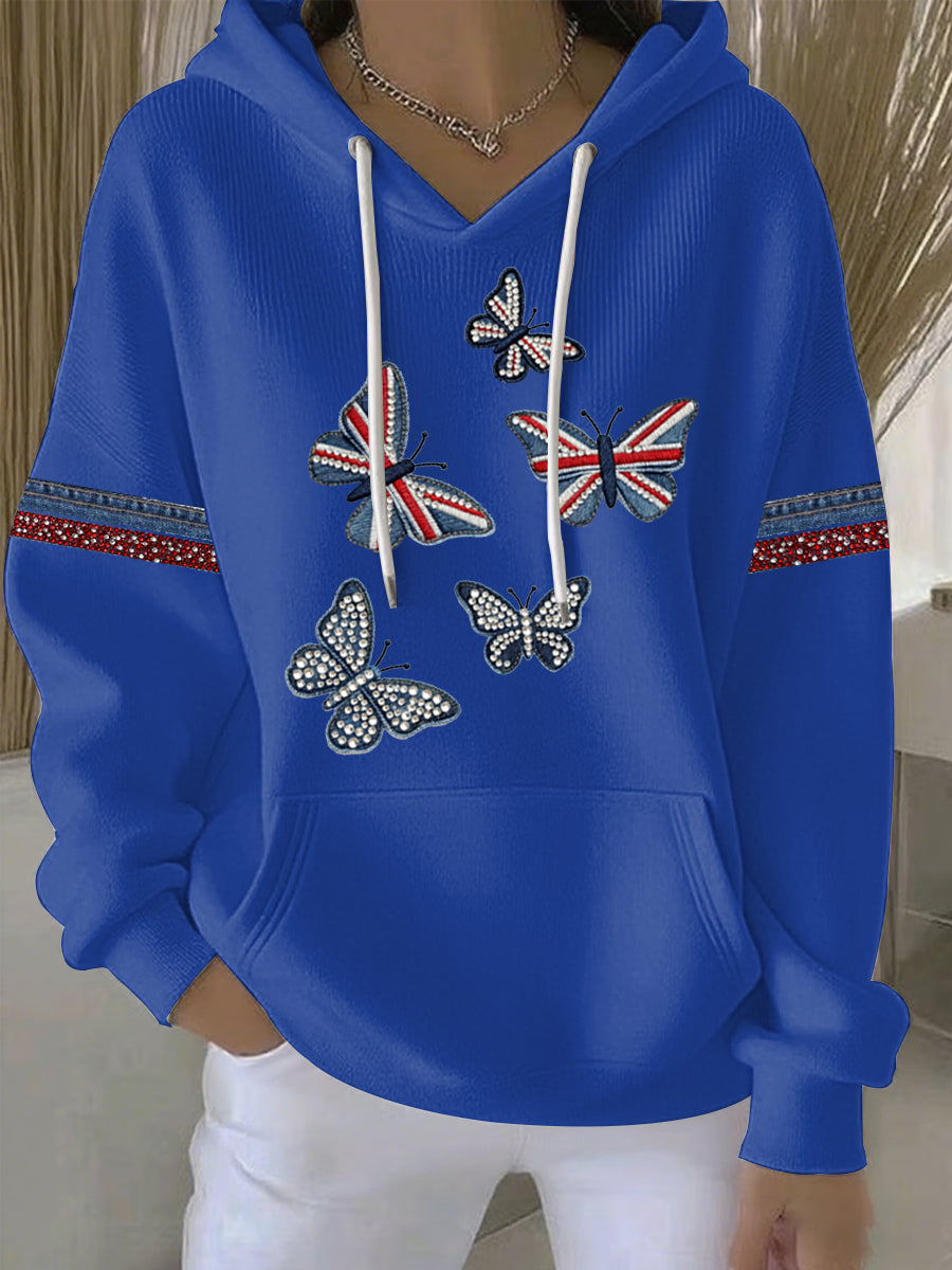 Women's British style imitation denim rhinestone hot-drill Print Casual Hoodie-3