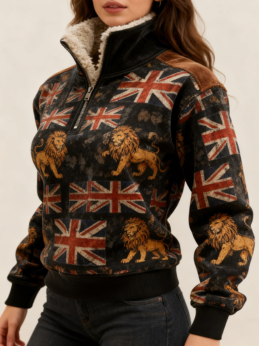 Women's Vintage England Flag Lion Printed Sweatshirt-1