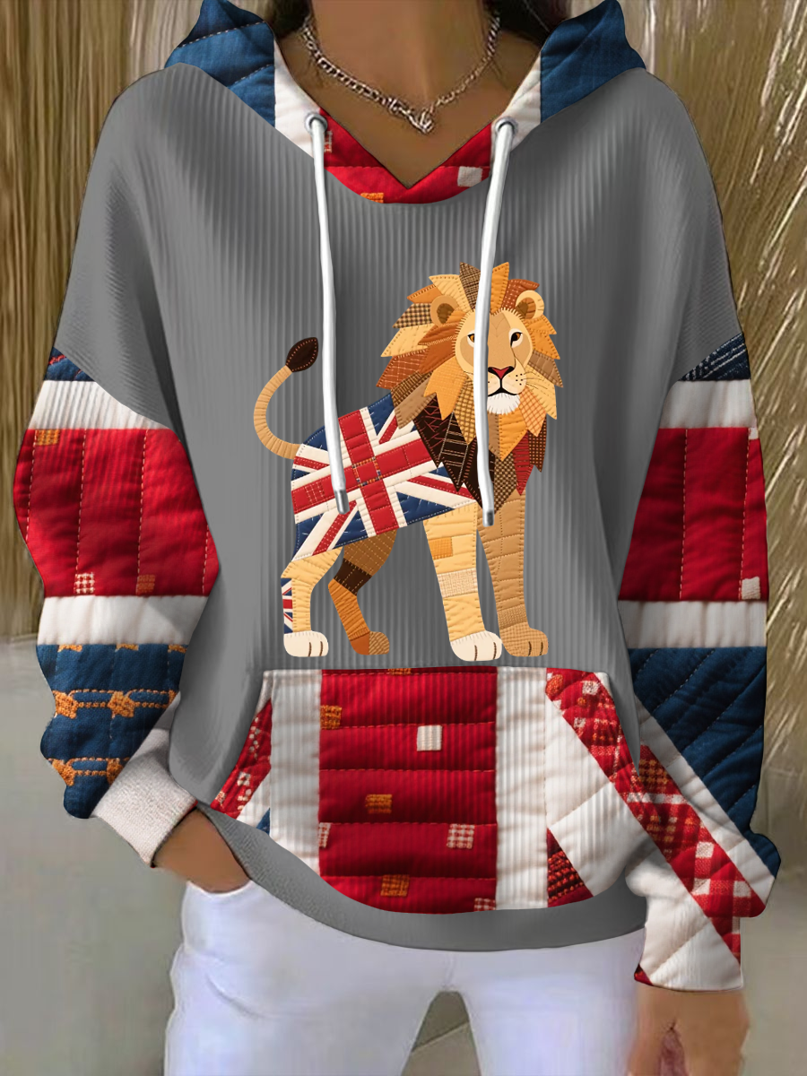 Women's British patchwork lion Printed Tops-4