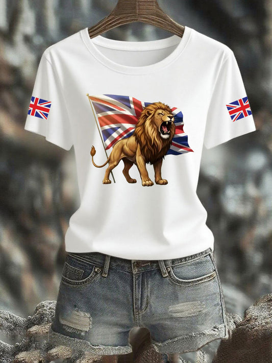 Women's Vintage England Flag Lion Printed T-shirt
