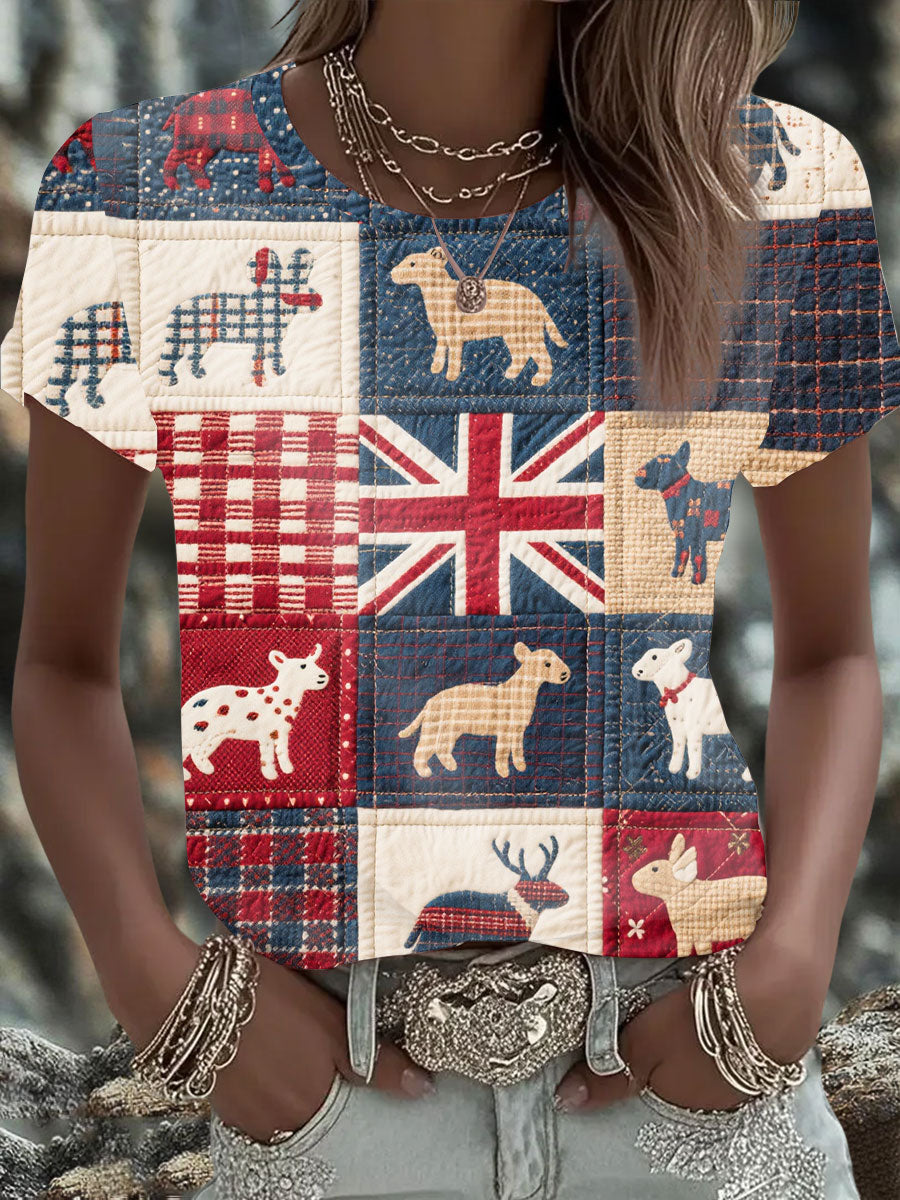 Women's British patchwork Printed short-sleeved T-shirt