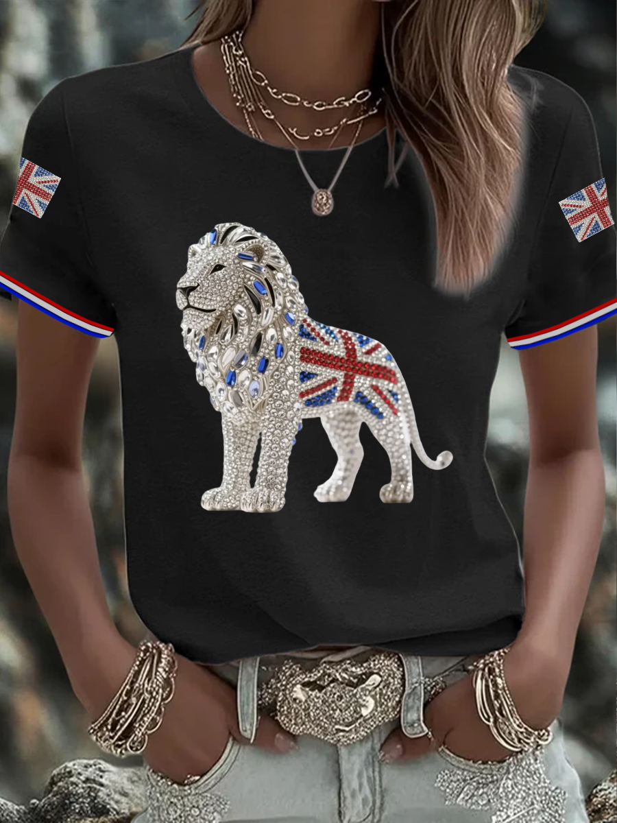 Women's British imitation diamond hot-drilling Printed short-sleeved T-shirt-1