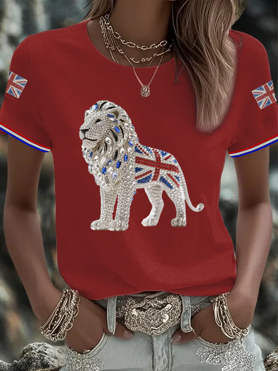 Women's British imitation diamond hot-drilling Printed short-sleeved T-shirt-2