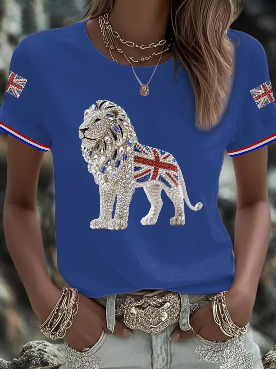 Women's British imitation diamond hot-drilling Printed short-sleeved T-shirt-4