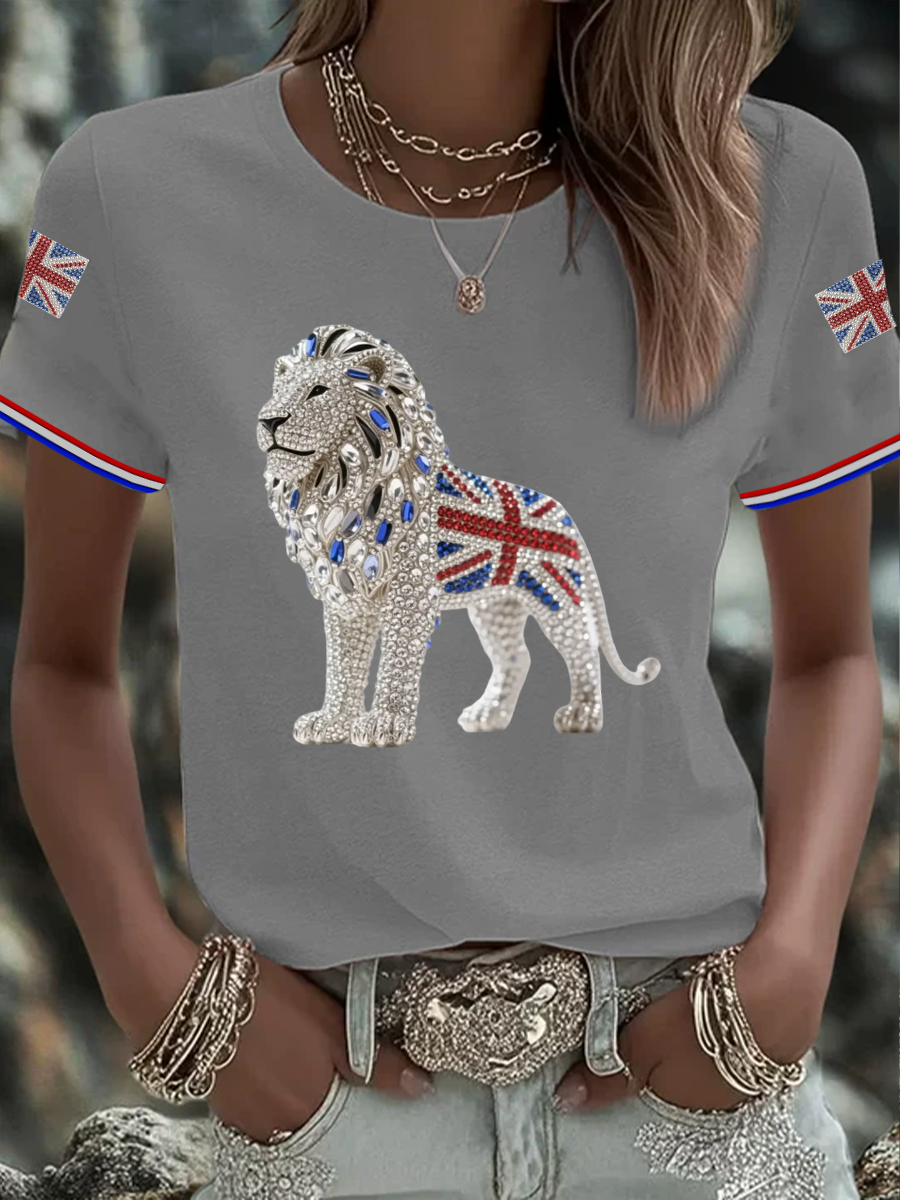 Women's British imitation diamond hot-drilling Printed short-sleeved T-shirt-3