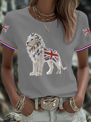 Women's British imitation diamond hot-drilling Printed short-sleeved T-shirt-3