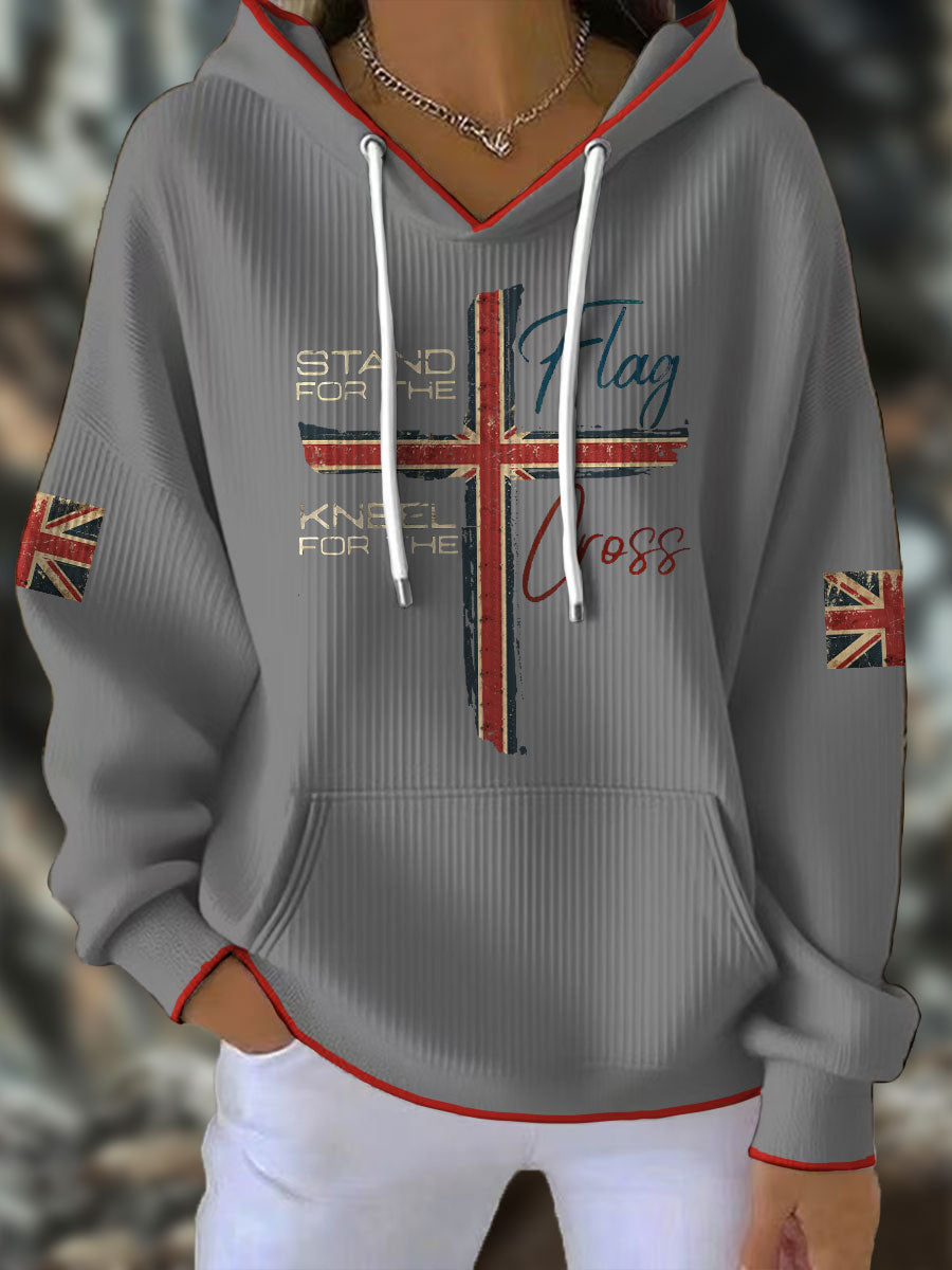 Women's Stand For The Flag Kneel For The Cross UK Flag Faith Printed Hoodie-2