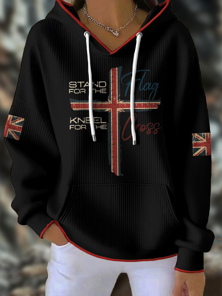 Women's Stand For The Flag Kneel For The Cross UK Flag Faith Printed Hoodie-1