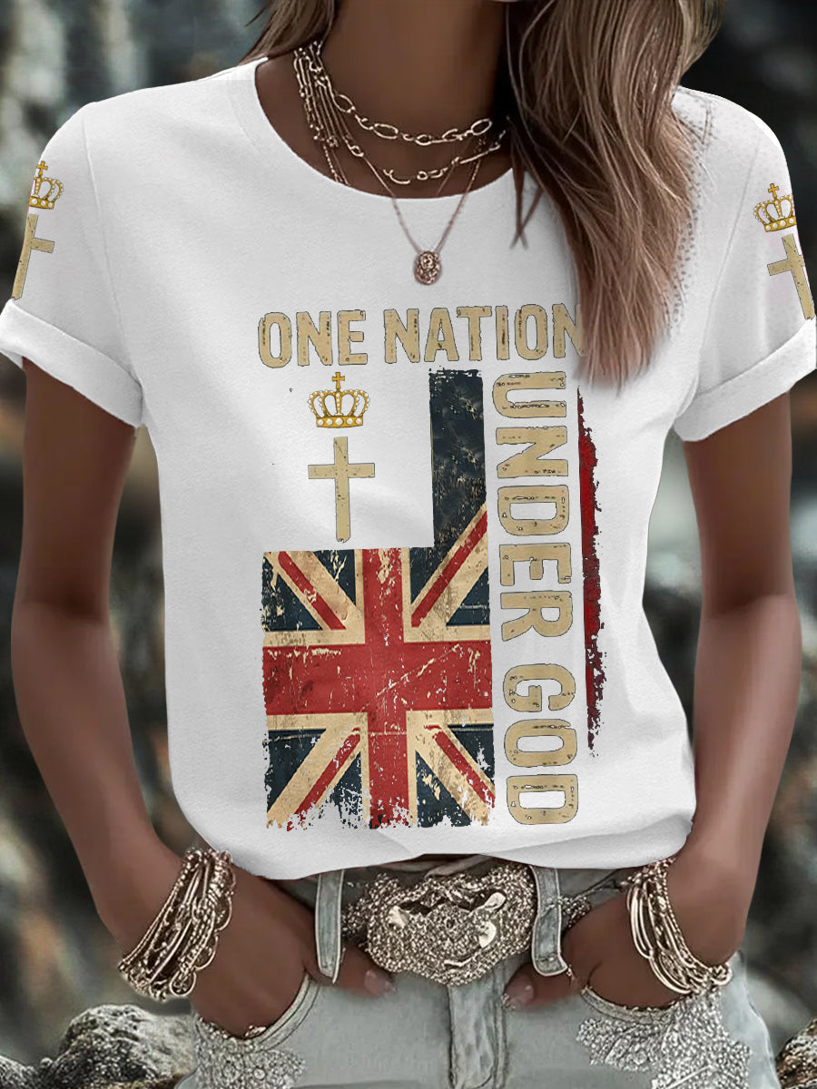 Women's One Nation Under God UK Flag Faith Printed T-Shirt-1