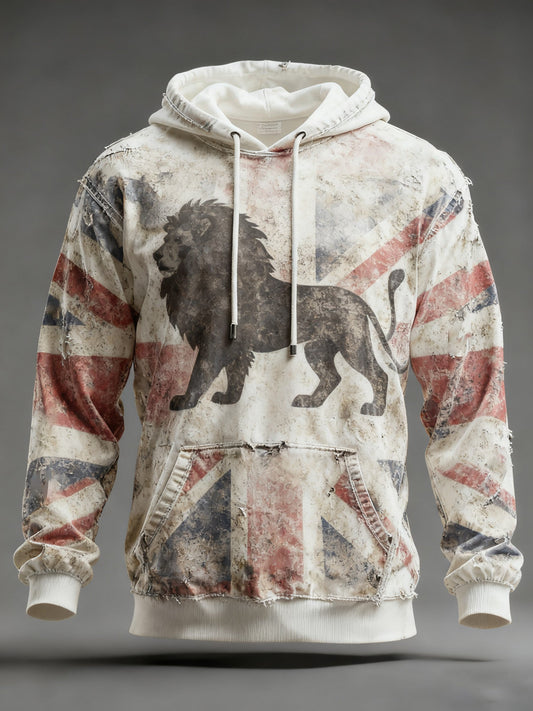 Men's Vintage England Flag Lion Printed Hoodie