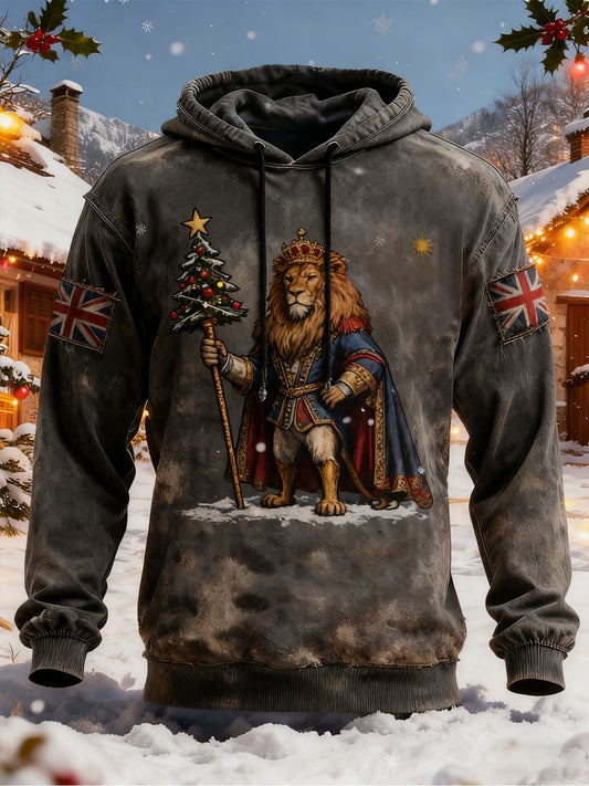 Men's Vintage British Lion Christmas Oversized Drop-Shoulder Hoodie with Pockets