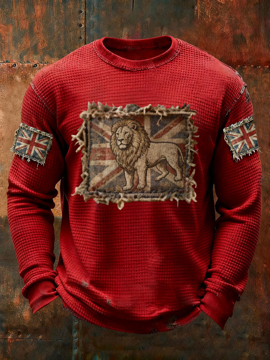 Men's Vintage England Flag Lion Printed Waffle Long Sleeve T-Shirt-2