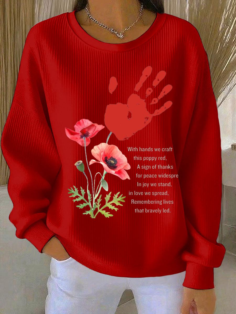 Women's Remembrance Day poppy print Ribbed Round-Neck Sweatshirt-2