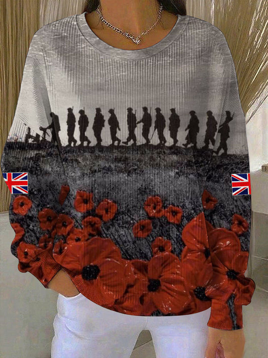 Women's Remembrance Day Lest We Forget Ribbed Round-Neck Sweatshirt