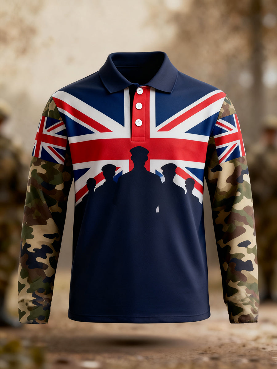 Men's Lest We Forgrt UK Flag Veterans Print Casual Long Sleeve Top