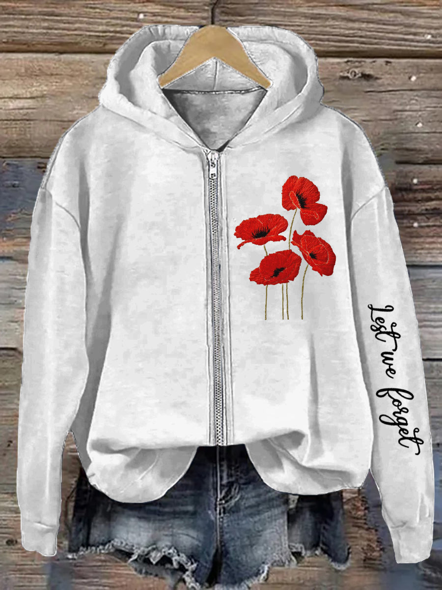 Women's Remembrance Day Poppy Floral Printed Hoodie Jacket-2