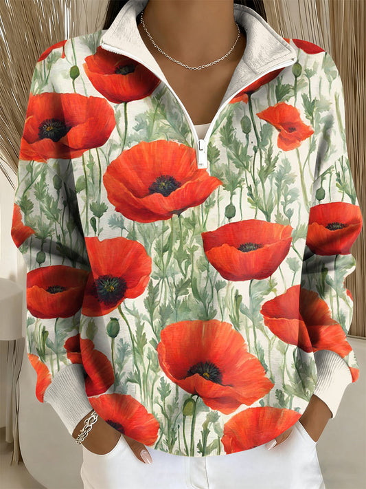 Women's Remembrance Day Poppy Floral Printed Zip Top