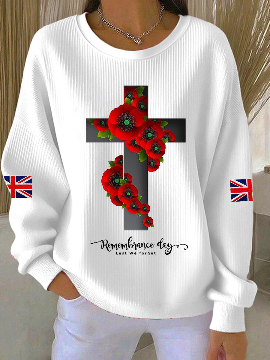 Women's Remembrance Day Lest We Forget Cross Ribbed Round-Neck Sweatshirt-1