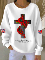 Women's Remembrance Day Lest We Forget Cross Ribbed Round-Neck Sweatshirt-1