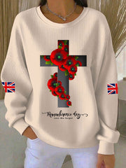 Women's Remembrance Day Lest We Forget Cross Ribbed Round-Neck Sweatshirt-2