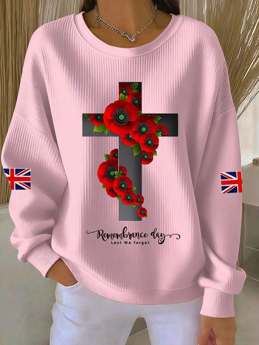 Women's Remembrance Day Lest We Forget Cross Ribbed Round-Neck Sweatshirt-4