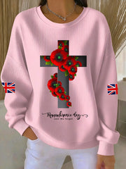 Women's Remembrance Day Lest We Forget Cross Ribbed Round-Neck Sweatshirt-4