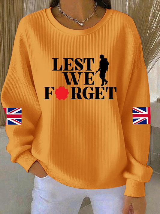 Women's 11th November Remembrance Day LEST WE'S FORGET Poppy Remembrance Ribbed Round-Neck Sweatshirt