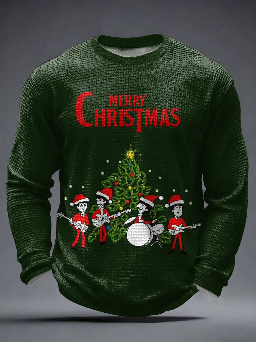 Men's Retro Classic Legendary Rock Band Merry Christmas Print Gift For Fans Casual Waffle Long Sleeve T-Shirt