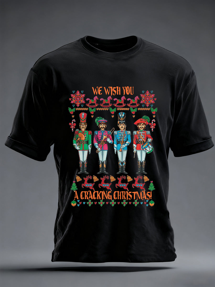 Men's Retro Wish You Have A Cracking Christmas Classic Legendary Rock Band Print Casual Tee-1