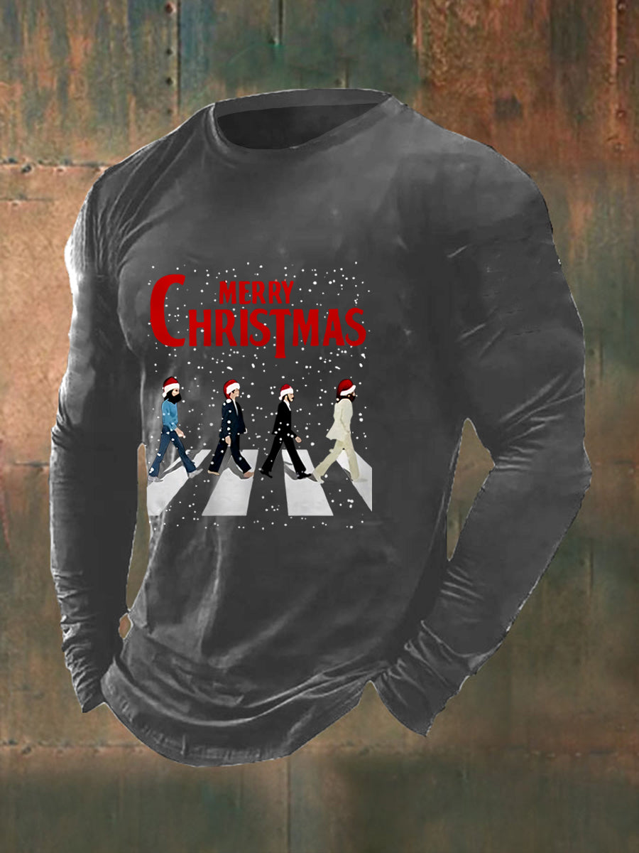 Men's Merry Christmas Retro Classic Legendary Rock Band Print Gift For Fans Casual Long Sleeve T-Shirt-2