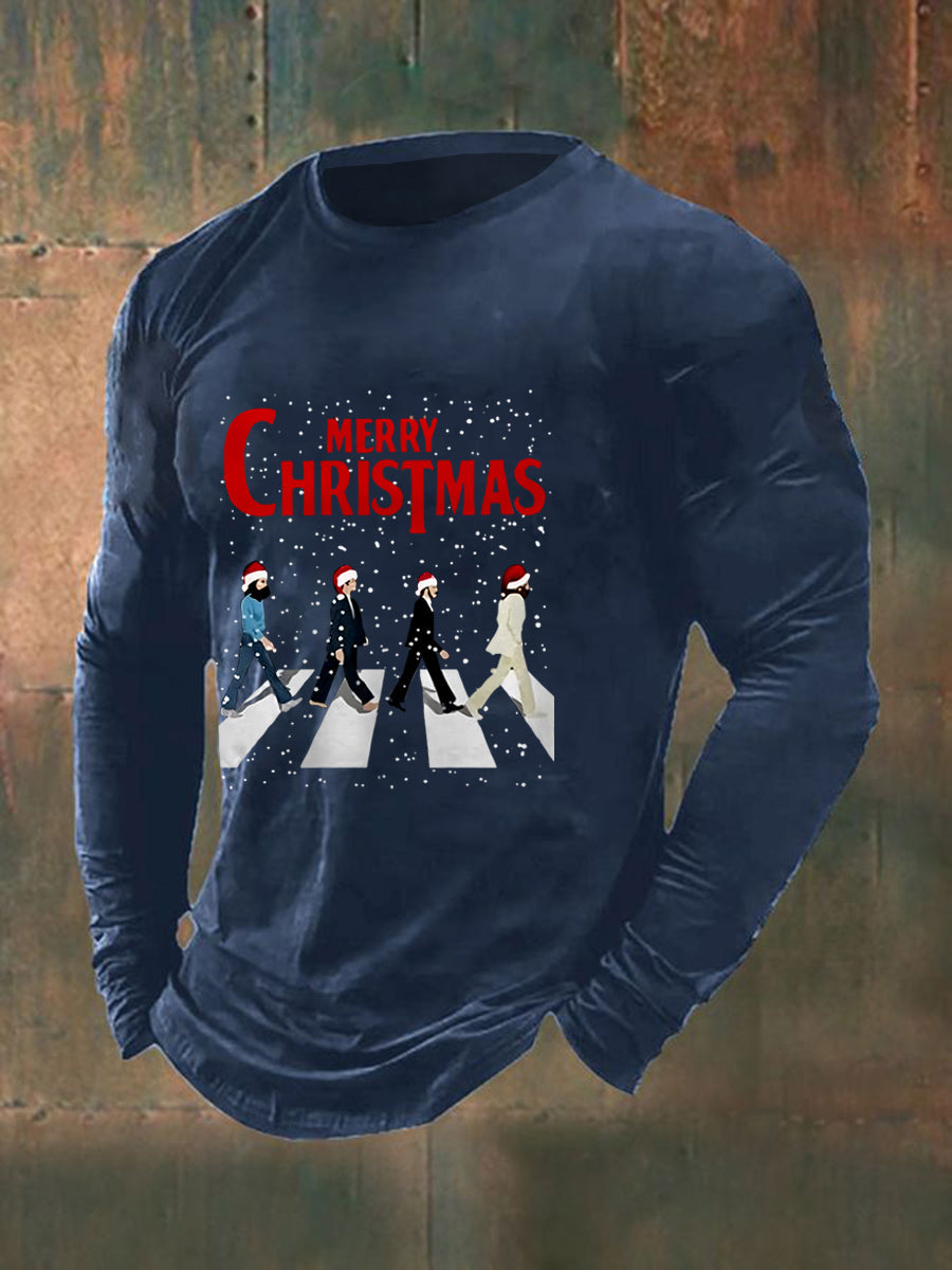 Men's Merry Christmas Retro Classic Legendary Rock Band Print Gift For Fans Casual Long Sleeve T-Shirt-1