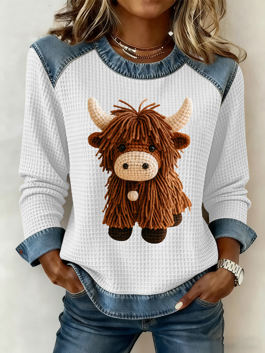 Women‘s Highland Cow Print Denim Patchwork Top-1