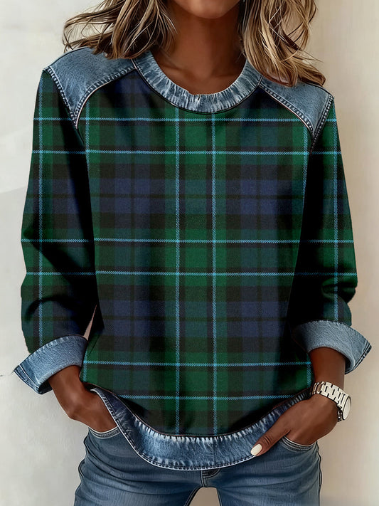 Women's Scottish Plaid Print Denim Patchwork Sweatshirt