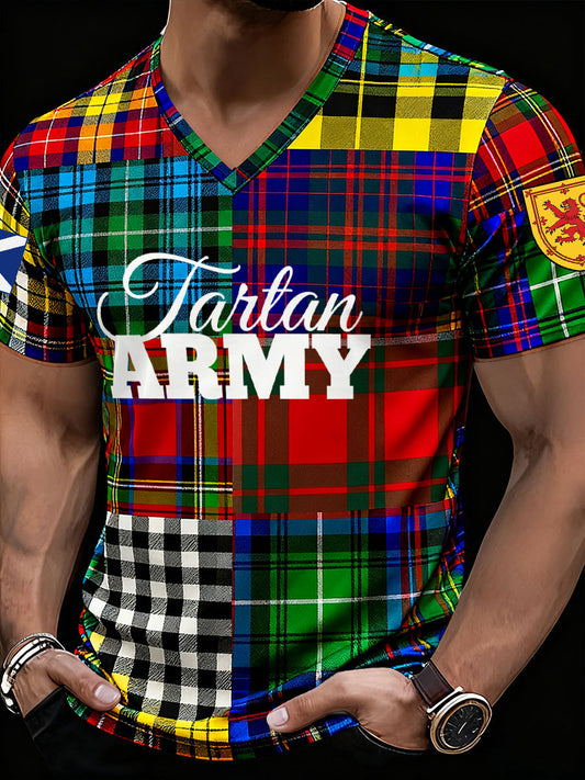 Men' Scotland Football Lover Tartan Army Printed V-neck T-shirt