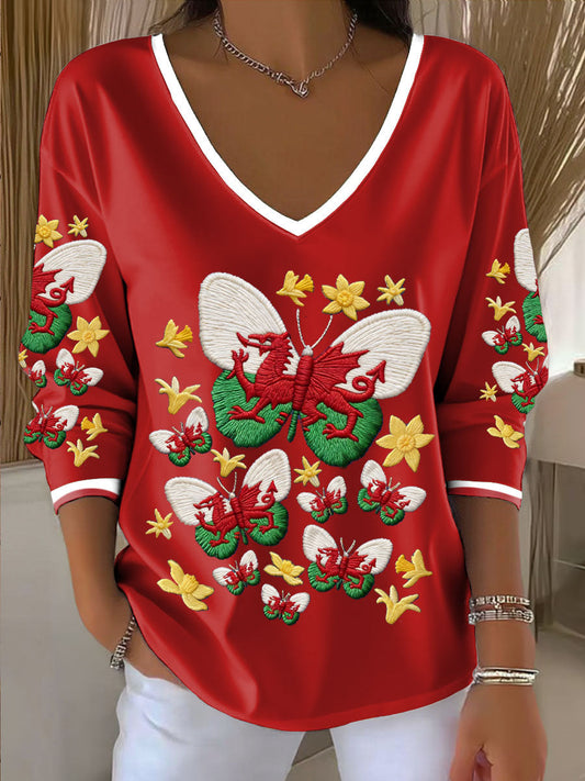 Women's Wales Welsh Rugby Art Printed V-Neck T-Shirt