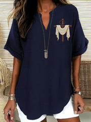 Women's Christian Cross Print Casual Solid-Color V-Neck Short-Sleeve Shirt