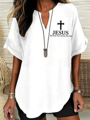 Women's Jesus The Way The Truth The Life Cross Print Casual Solid-Color V-Neck Short-Sleeve Shirt