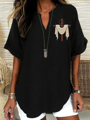 Women's Christian Cross Print Casual Solid-Color V-Neck Short-Sleeve Shirt