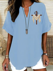 Women's Christian Cross Print Casual Solid-Color V-Neck Short-Sleeve Shirt