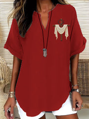 Women's Christian Cross Print Casual Solid-Color V-Neck Short-Sleeve Shirt
